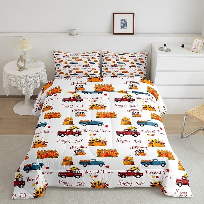 Happy Fall Bedding Set For Kids Full Plaid Pumpkin Truck Comforter Set Thanksgiving Harvest Season Bedding Comforter Sets Autumn Sunflower Harvest Time Quilt Duvet Red Blue Orange 2 Pillow Cases