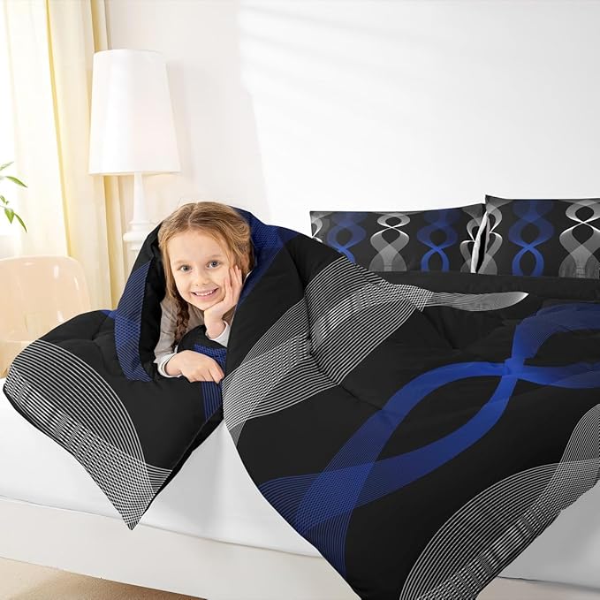 Erosebridal Blue Black Abstract Bedding Set King for Boys, Blue Striped Comforter Set, Ombre Geometric Stripes Quilt for Men Adults Bedroom, Modern Aesthetic Art Wavy Lines Boho Comforter