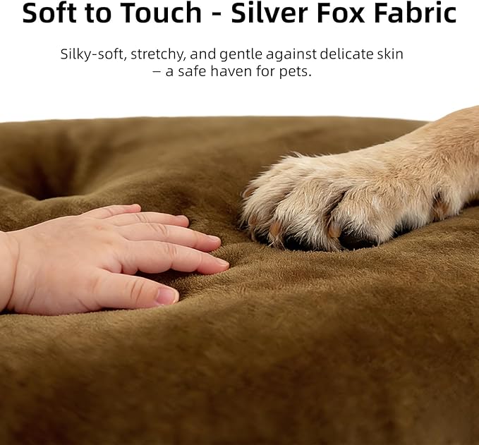 Washable Large Dog Bed for Medium & Large Breeds, Non-Slip Bottom & Plush Faux Silver Fox Fur Oval Cushion Pad for Big Dogs, Soft Mat for Crates, Brown, 41x27 Inch