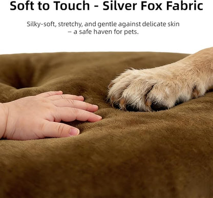 Washable Large Dog Bed for Medium & Large Breeds, Non-Slip Bottom & Plush Faux Silver Fox Fur Oval Cushion Pad for Big Dogs, Soft Mat for Crates, Brown, 41x27 Inch