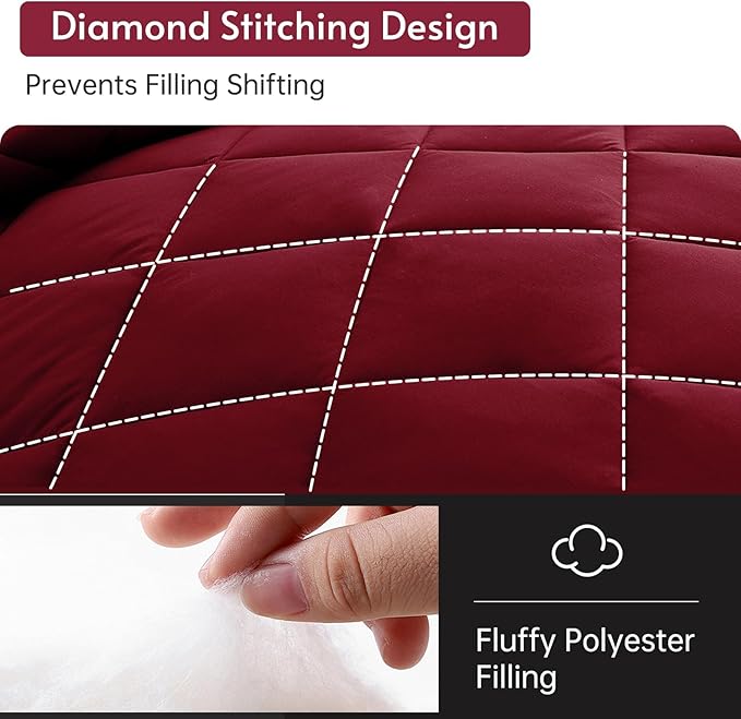 MUXHOMO 7 Pieces Queen Comforter Set, Reversible Bed in a Bag Queen Size, All Season Bedding Set with Comforter, Flat Sheet, Fitted Sheet, Pillowcases & Shams, Burgundy & Rose Gold