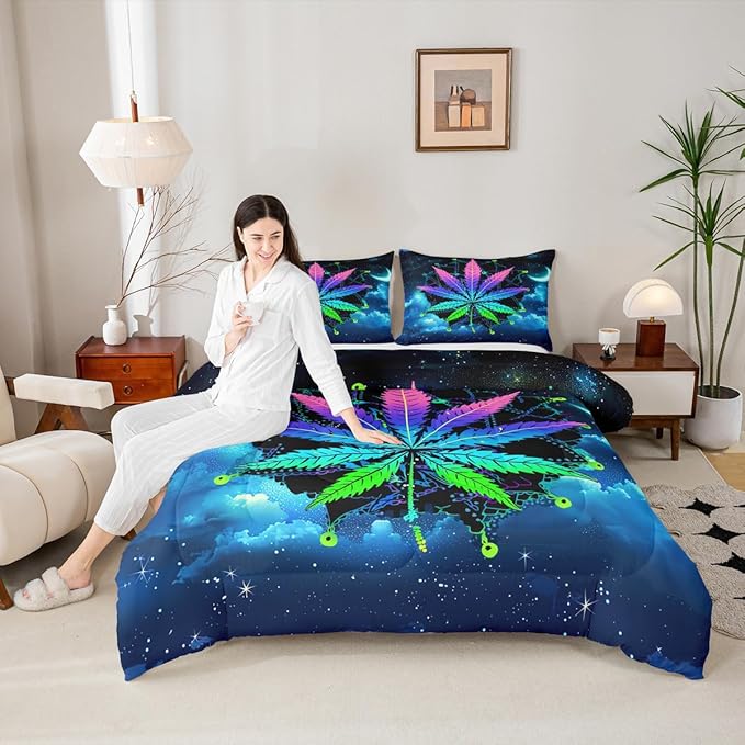 Erosebridal Leaves Comforter Set Bohemian Mandala Duvet Set Queen Size Leaf Quilt Set Galaxy Starry Sky Quilted Duvet, Blue Purple Bedding Set for Room Decor