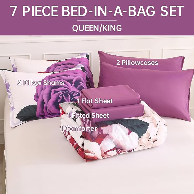 Drucon Purple Floral Comforter King Size 7 Pieces Bedding Sets Bed in a Bag, Botanical Floral Comforter with Sheet Set, Soft Microfiber Bedding Set for All Season(Purple, 104"x90")