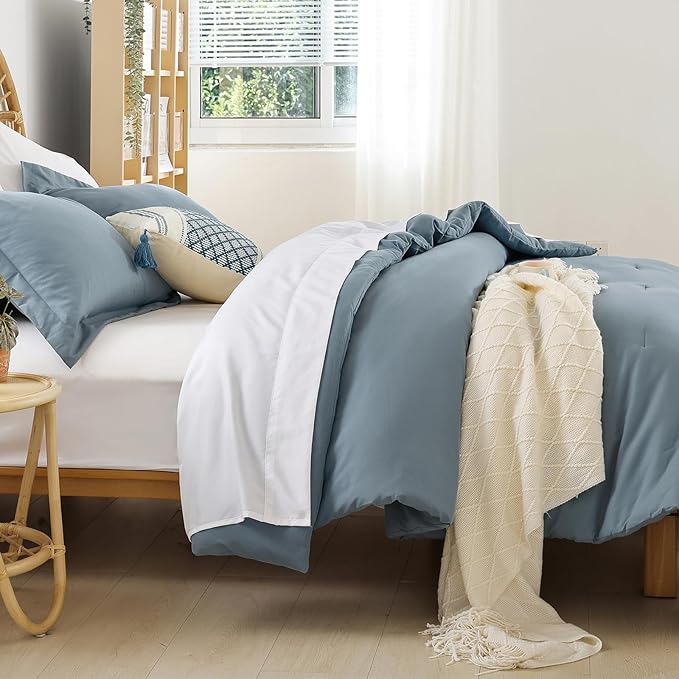 weigelia Dusty Blue Comforter Set 7 Pieces Queen Comforter Set Soft Lightweight Comforters Queen Size Bedding Set with Sheets for All Season