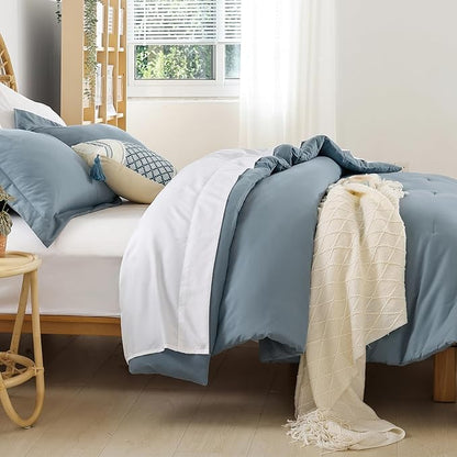 weigelia Dusty Blue Comforter Set 7 Pieces Queen Comforter Set Soft Lightweight Comforters Queen Size Bedding Set with Sheets for All Season
