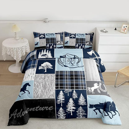 Erosebridal Hunting Horse Comforter Set Queen Size, Rustic Cabin Lodge Bedding Set Western Horseshoe Duvet Insert Arrow Southwest Cowboys Cowgirls Down Comforter Vintage Adventure Bedroom Decor,Blue