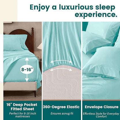 100% Linen Sheets California King Size,Breathable & Durable 4-Piece Bed Flax Sheet Set,Soft All-Season Bedding for Hot Sleepers 16" Deep Pocket Oeko-TEX Certified,（Cal King, Light Blue）