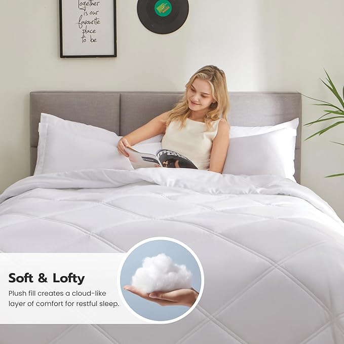 Joiedomi Queen Comforter Set with Sheets White, 7 Pieces Queen Bed Set with 1 Down Alternative Comforter, 1 Flat Sheet, 1 Fitted Sheet, 2 Pillowcases and 2 Pillow Shams, Bed in a Bag for All Seasons