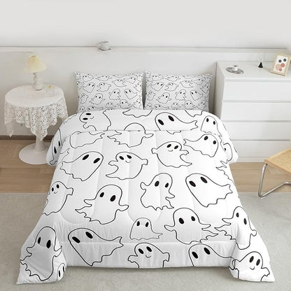 Erosebridal Cartoon Ghost Comforter Set Twin, Halloween Ghost Bedding Set for Kids Boys Girls Teens Women Men Bedroom, Funny Halloween Decor Comforter, Cute White Spooky Quilt