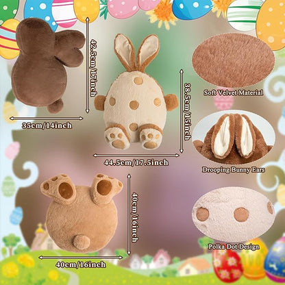 Lanpn Easter Shaped Throw Pillows Set of 3, Light Brown Egg with Feet Dark Brown Bunny Speckled Soft Velvet Egg with Ears and Tail Rabbit Cushions for Sofa Couch Bedroom Spring Decor
