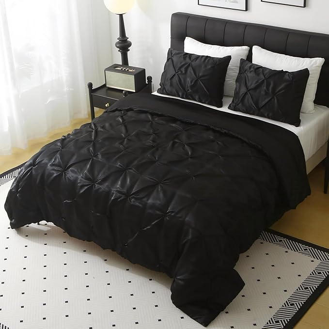 Satin Comforter Set Queen Size, 3-Piece Black Pinch Pleat Bedding Sets, Comforter, Pillowcases, Offering Exceptionally Soft and Smooth Comfort for All Season Use