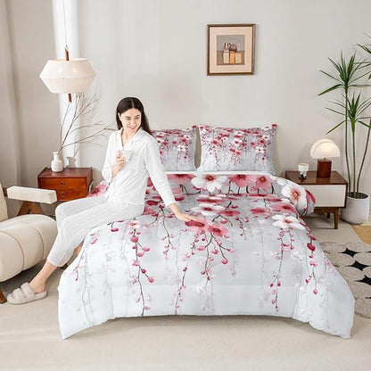 Manfei Spring Flower Comforter Set King Size, Watercolor Cherry Blossom Bedding Set 3pcs, Japanese Style Pink White Floral Down Comforter, Kids Girls Women Room Decor, 2 Pillowcases, No Sheets