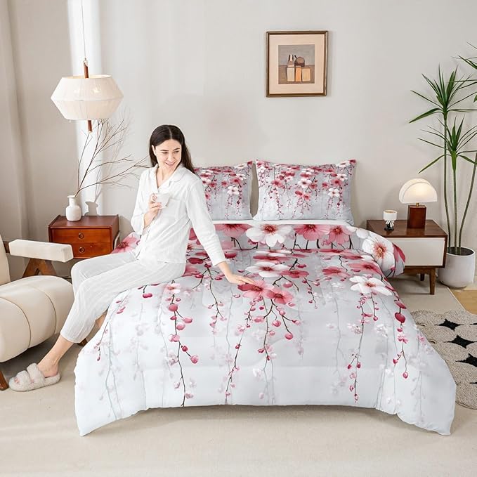 Manfei Spring Flower Comforter Set Toddler Size, Watercolor Cherry Blossom Bedding Set 2pcs, Japanese Style Pink White Floral Down Comforter, Kids Girls Women Room Decor, 1 Pillowcase, No Sheets