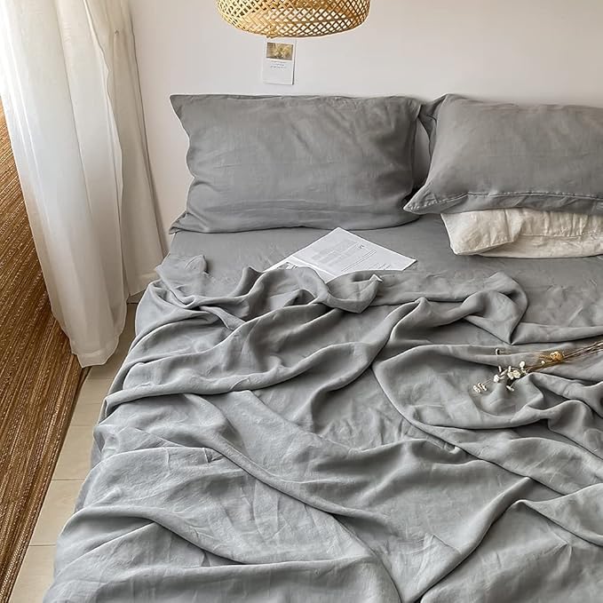 Simple&Opulence Washed Linen Bed Sheet Set Basic Style 4 Pieces (1 Flat Sheet & 1 Fitted Sheet & 2 Pillowcases) 100% Natural French Flax Soft Breathable Farmhouse Bedding (King, Ultimate Gray)