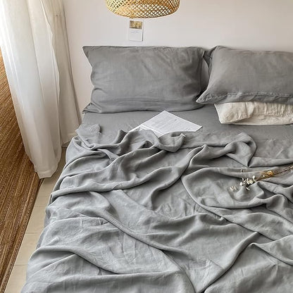Simple&Opulence Washed Linen Bed Sheet Set Basic Style 4 Pieces (1 Flat Sheet & 1 Fitted Sheet & 2 Pillowcases) 100% Natural French Flax Soft Breathable Farmhouse Bedding (King, Ultimate Gray)