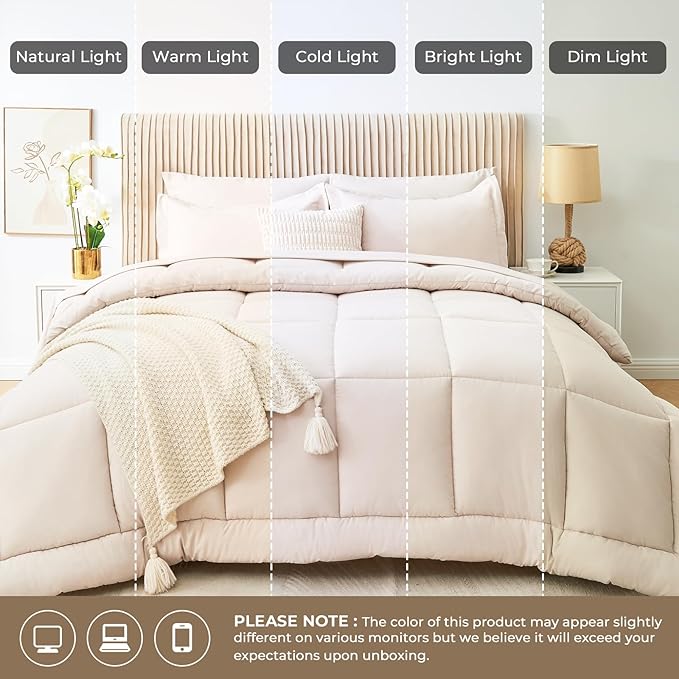 Sasttie Oversized King Comforter Set, 7 Pieces Extra Large Bed in a Bag, Complete Bedding Set Includes 120''x98'' Comforter, Flat Sheet, Fitted Sheet, Pillowcases and Pillow Shams, Beige