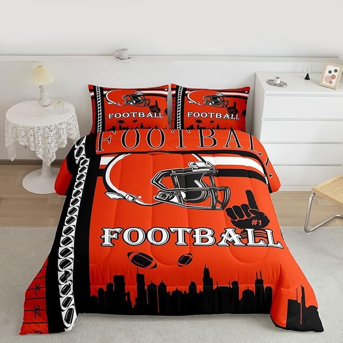 Feelyou Football Bedding Set Boys Girls Comforter Set Queen Size Sports Themed Women Men Rugby Sport Duvet Quilt Football City Black Orange Room Decor