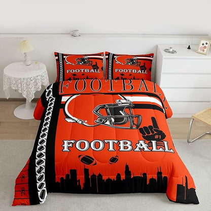 Feelyou Football Bedding Set Boys Girls Comforter Set Queen Size Sports Themed Women Men Rugby Sport Duvet Quilt Football City Black Orange Room Decor