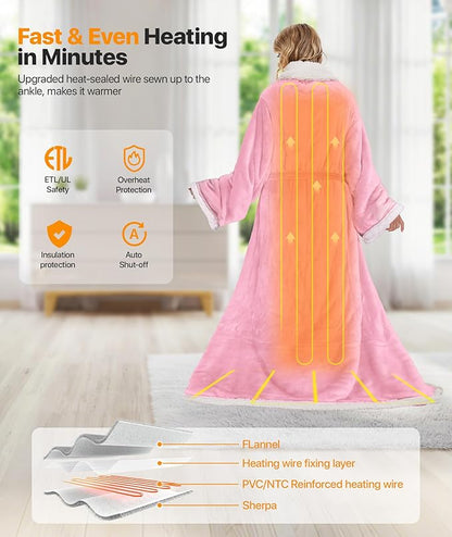 Portable Heated Blanket - Wearable Heated Blanket Throw with Foot Pockets, Sleeves Flannel Sherpa Wearable Blanket 8 Heating Levels & Timer Snuggle Blankets for Home Office-50*70" Pink Robes for Women