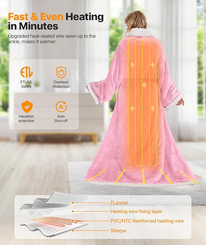 SIHOHAN Heated Throw Blanket Wearable Blanket Throw with Foot Pockets, Sleeves Flannel & Sherpa Wearable Blanket 8 Heating Levels & Timer Snuggle Blankets for Home Office-Electric Blanket 50*60" Pink