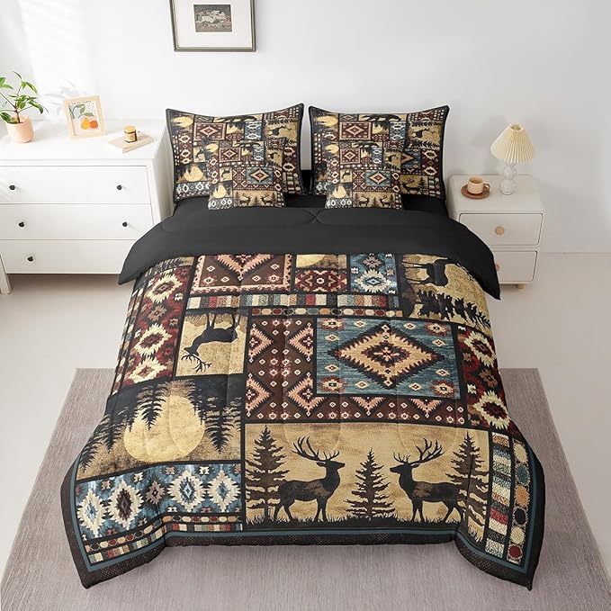 Erosebridal Rustic Bear 7 Piece Comforter Set Full Bed in a Bag,Buffalo Plaid Grid Bedding,Hunting Deer Farmhouse Cabin Decor Quilt,Retro Southwest Aztec Bed Set,Tribal Sheets,Brown Red