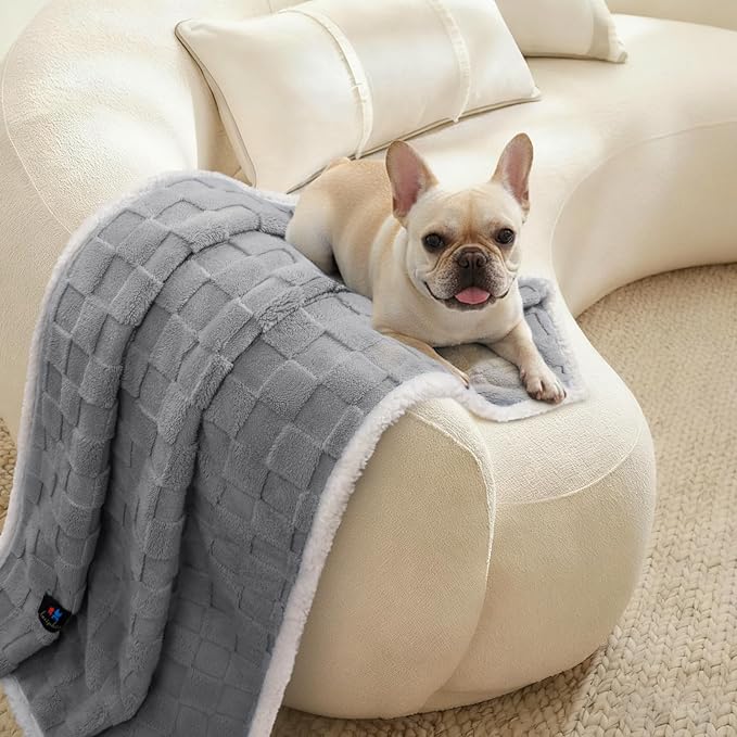 Luciphia Waterproof Dog Blanket for Medium Dogs Washable Soft Sherpa Fleece Cat Blankets with 3D Jacquard Cozy Calming Reversible Couch Protector Furniture Protection for Pet, Gray White, 57x40 inch