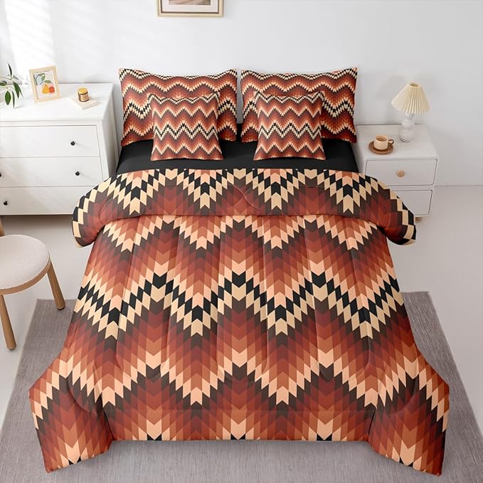Erosebridal 7 Piece Aztec Native Bedding Set Queen Exotic Brown Western Comforter Set Tribal Geometric Southwestern Bed in A Bag for Kids Adults Vintage Bohemian Stripes Quilt with Flat Fitted Sheet