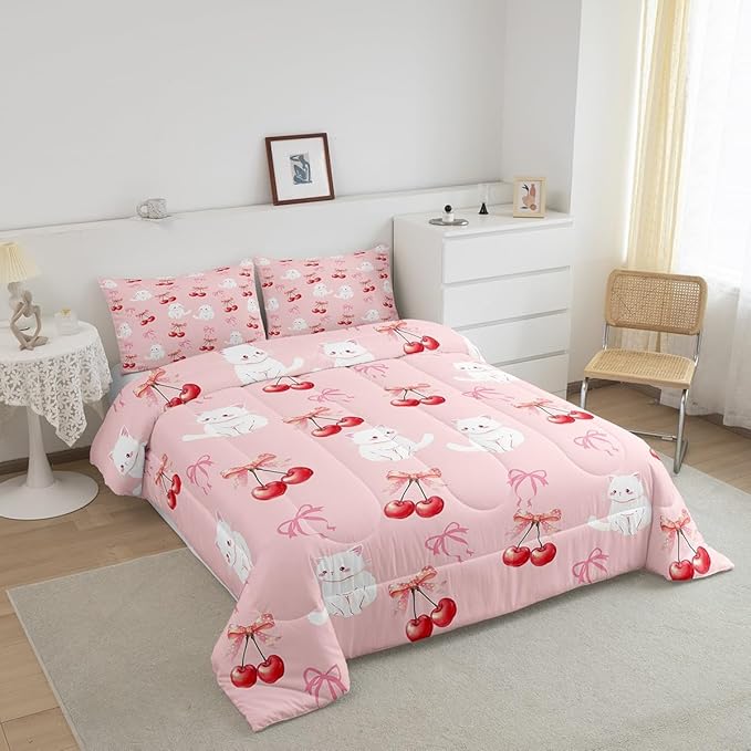 Feelyou Pink Girls Bow Comforter Set Toddler Size Cute Cat Bedding Set for Boys Teens Decor Kawaii Cherry Print Comforter Cute Bowknot Duvet Set Bedroom Lovely Bow Quilt Set 2Pcs