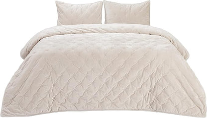 Bedsure Velvet Fleece Comforter Set Queen, Beige Lightweight Quilted Bedding Set, Soft Warm Blanket for All Season, 3 Pieces, 1 Comforter (90" x 90") and 2 Pillow Shams (20" x 26")