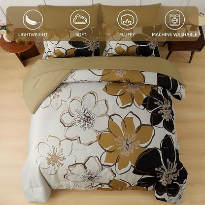 Anibedding 7 Pieces Floral Comforter Set King Size, Brown Black Flower Bedding Set Botanical Bed in a Bag Soft Microfiber Comforter Set with Sheets for All Season