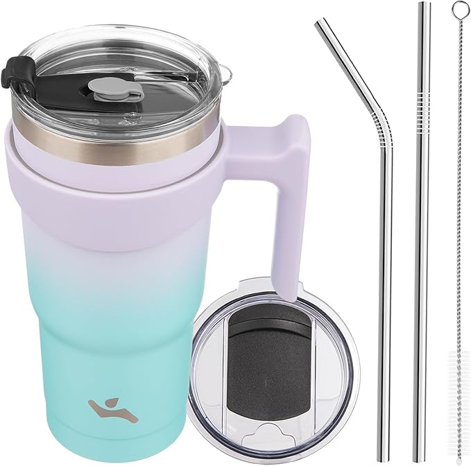 20 oz Tumbler with Handle and 2 Straw 2 Lid, Insulated Water Bottle Stainless Steel Vacuum Cup Reusable Travel Mug, Lavender Green