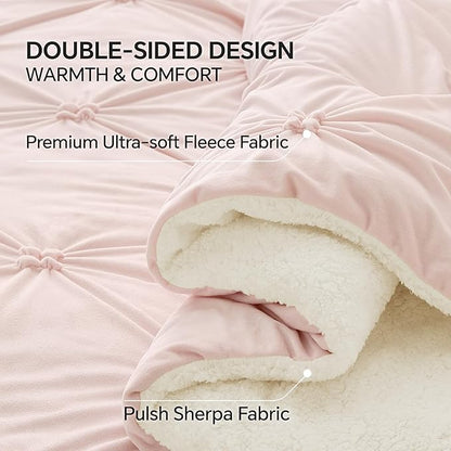 BEDELITE Pintuck Fluffy King Size Comforter Set - Super Soft Sherpa Pink Comforter for King Size Bed, Luxury Warm Bedding Set for Winter, Fuzzy Bed Set 3 Pieces (1 Comforter, 2 Pillowcases)