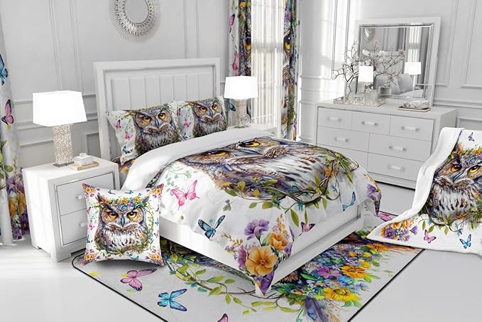 Owl Kids Comforter Set Twin Size,Jungle Exotic Birds Bedding Set,Boys Girls Men Room Decor,Watercolor Flowers Leaces Down Comforter,Pink Blue Butterfly Duvet Insert,1 Pillowcase