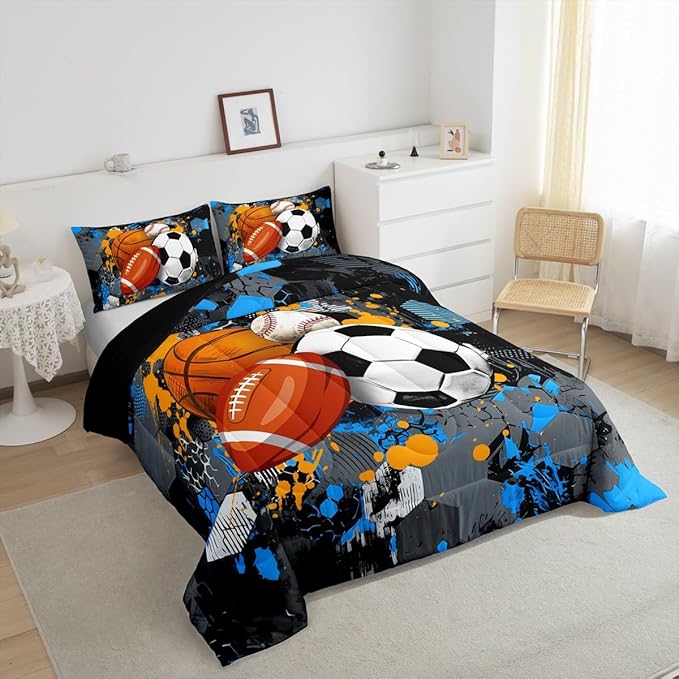 Feelyou Basketball Comforter Set Twin Size Baseball Comforter for Boys Girls Teens Football Bedding Set Sports Game Duvet Set Room Decor Balck Grey Blue Mixed Ball Quilt Set