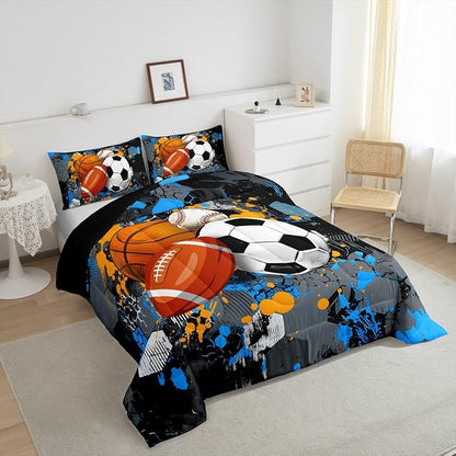 Feelyou Basketball Comforter Set Toddler Size Baseball Comforter for Boys Girls Teens Football Bedding Set Sports Game Duvet Set Room Decor Balck Grey Blue Mixed Ball Quilt Set