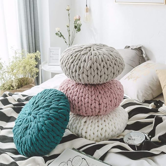 vctops Chunky Knit Round Shaped Throw Pillows with Insert Super Soft Cozy Decorative Handmade Cushions (Grey, Diameter 16")