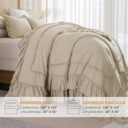 Masaca 120x120 Oversized Comforter King Size,Farmhouse Shabby Boho Chic Ruffle California King Bed Comforter Set French Country Rustic Bedding 3PCS (1 Ruffled Comforter+2 Pillow Shams)