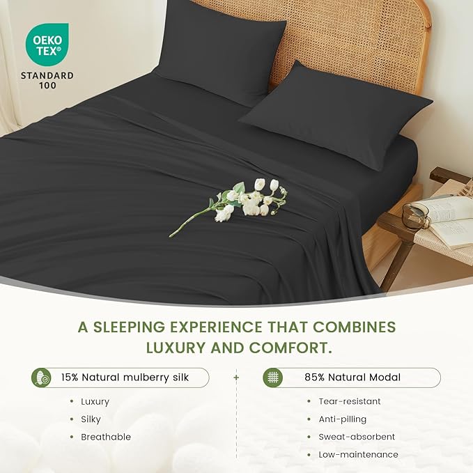 THXSILK Luxury Mulberry Silk Bed Sheets Set - 4pcs Silk Sheets Set 16" Deep Pocket - 1 Fitted Sheet, 1 Flat Sheet, 2 Pillowcases with Zipper Closure - Full, Black