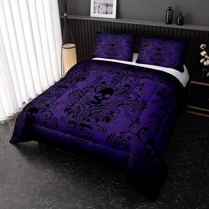 Adults Violet Gothic Comforter Set Queen Size,Vintage Damask Floral Bedding Set 3Pcs,Bohemia Bedding Set Goth Skull Printed Quilted Set for Teens Adult with 1 Comforter with 2 Pillowcase