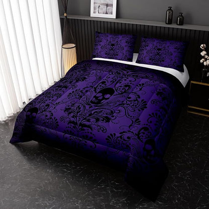 Adults Violet Gothic Comforter Set Queen Size,Vintage Damask Floral Bedding Set 3Pcs,Bohemia Bedding Set Goth Skull Printed Quilted Set for Teens Adult with 1 Comforter with 2 Pillowcase