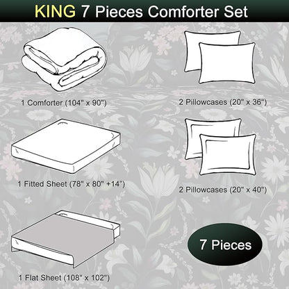 EVENHUG King Comforter Set 7 Pieces Lightweight Soft Queen Size Comforters for All Season Floral Bedding Sets Bed in a Bag with Flat Sheet and Fitted Sheet Pillowcases (104"x90")