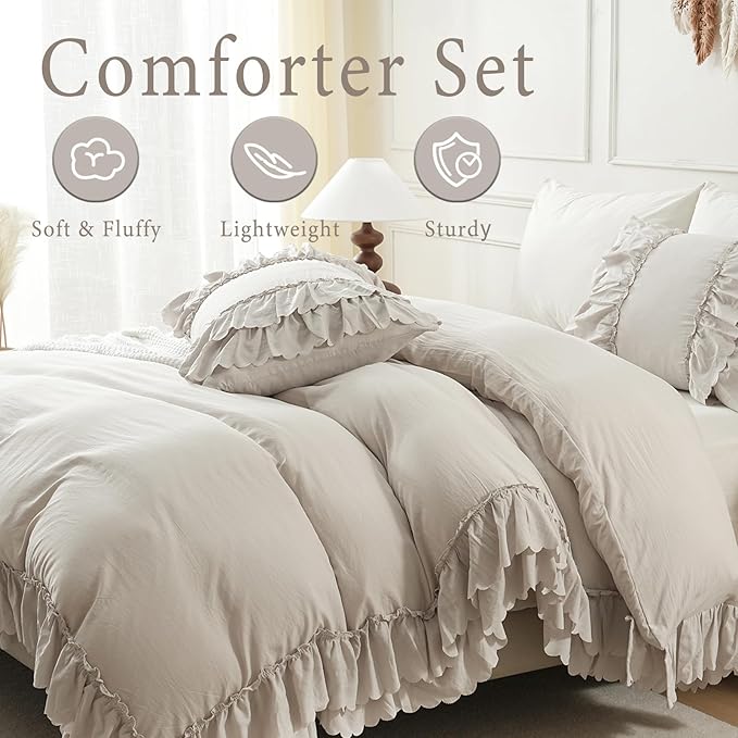 Herside Beige Boho Comforter Queen Size,Shabby Chic Ruffle Bedding Set,2 Layers Ruffles Fluffy Vintage Comforter Home Decor,Farmhouse 3 Pcs Microfiber Lightweight Quilt Set for Women Girls