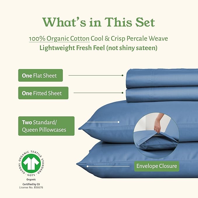 California Design Den Soft 100% Organic Cotton Sheets Queen Size Bed Set - Crisp and Cool Percale, Deep Pocket Organic Sheets with Anti-Skid Elastic, Breathable and Durable Bedding Set - Riviera Blue