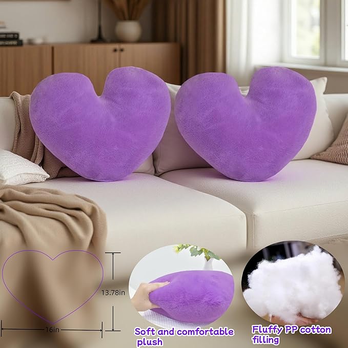 2 Pcs Lavender Heart Pillow Decorative Throw Pillows 16-inch Cute Soft Fluffy Heart Shaped Pillows for Bed Couch Sofa Bedroom Living Room Decor Aesthetic (Lavender, 16"x13.78")