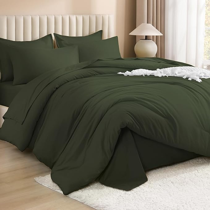Litanika Oversized Queen Size Comforter Set Olive Green - 7 Pieces Bed in a Bag Oversized Beddding Sets, Solid Lightweight Bed Set with Comforter, Sheets, Pillowcases & Shams