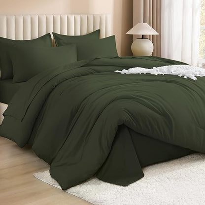 Litanika Super King Comforter Sets Olive Green - 7 Pieces Bed in a Bag Oversized King Bedding Comforter Sets, Solid Lightweight Bed Set with Comforter, Sheets, Pillowcases & Shams