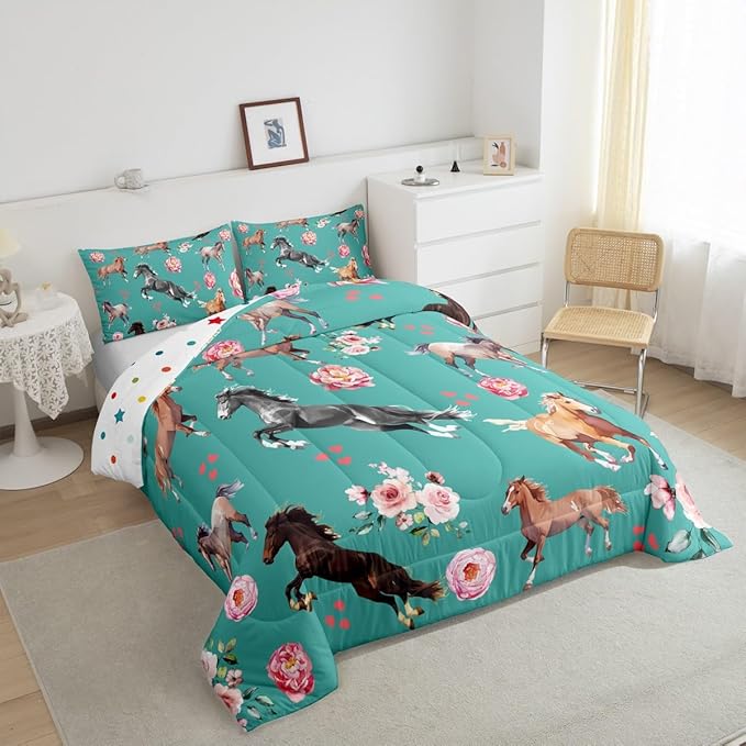 Horse Comforter Set King for Cowboy Cowgirl,Southwest Rose Petal Bedding Set for Youth Adult,Rustic Horse Quilt Set for Bedroom Decor,Vintage Farmhouse Wildlife Down Comforter with 2 Pillowcases