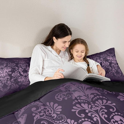 Erosebridal Gothic Damask Bed in a Bag Queen Comforter Set 7 Piece,Butterfly Skull Bedding Sets Purple Victorian Floral Goth Sheet Set with Comforter