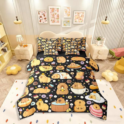 Funny Capybaras 7 Pieces Bedding Set Queen Size,Capybara Lover Bed in a Bag,Cute Rodent Animal Bed Set Includes Comforter,Sheet Set,Pillowcases & Pillow Covers,Kawaii Animals Yummy Foods Bedroom Decor