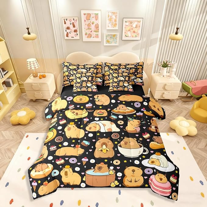 Funny Capybaras 7 Pieces Bedding Set Full Size,Capybara Lover Bed in a Bag,Cute Rodent Animal Bed Set Includes Comforter,Sheet Set,Pillowcases & Pillow Covers,Kawaii Animals Yummy Foods Bedroom Decor